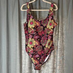 Floral Paisley One Piece Swimsuit - Black, Pink, Yellow